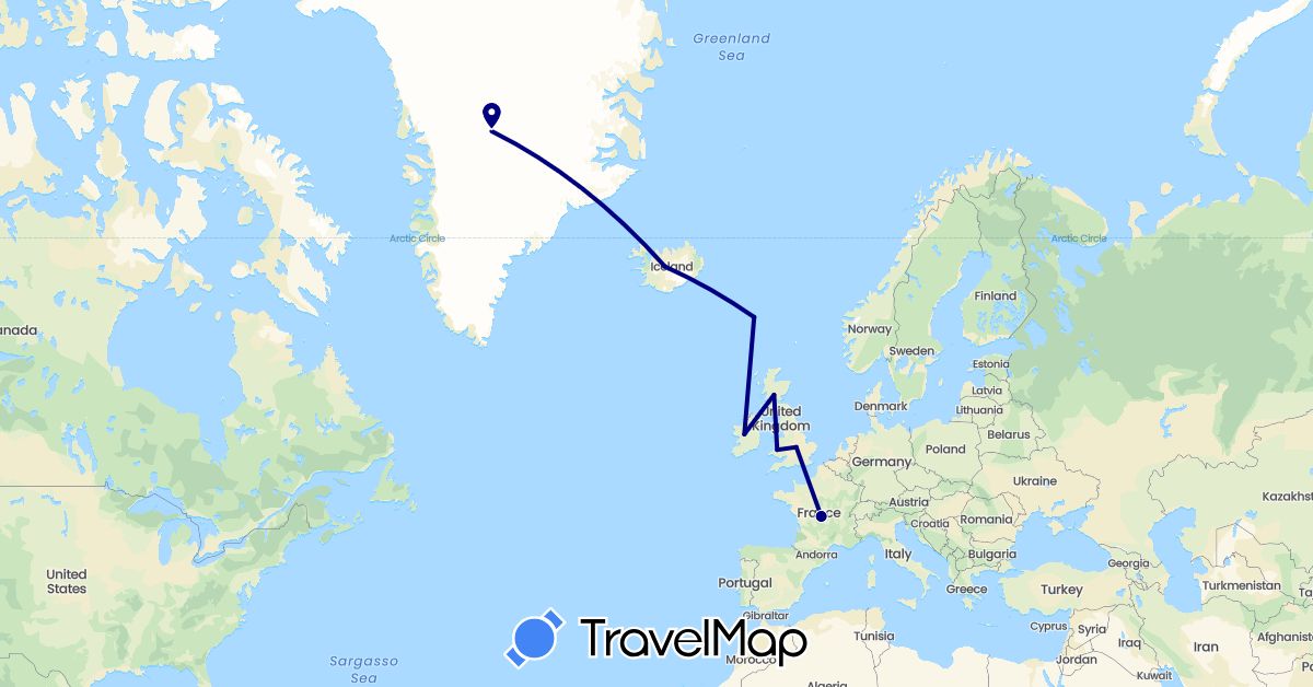 TravelMap itinerary: driving in Faroe Islands, France, United Kingdom, Greenland, Ireland, Iceland (Europe, North America)